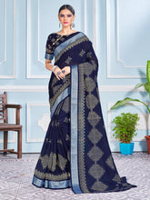 Navy Blue Cotton Silk Printed Saree